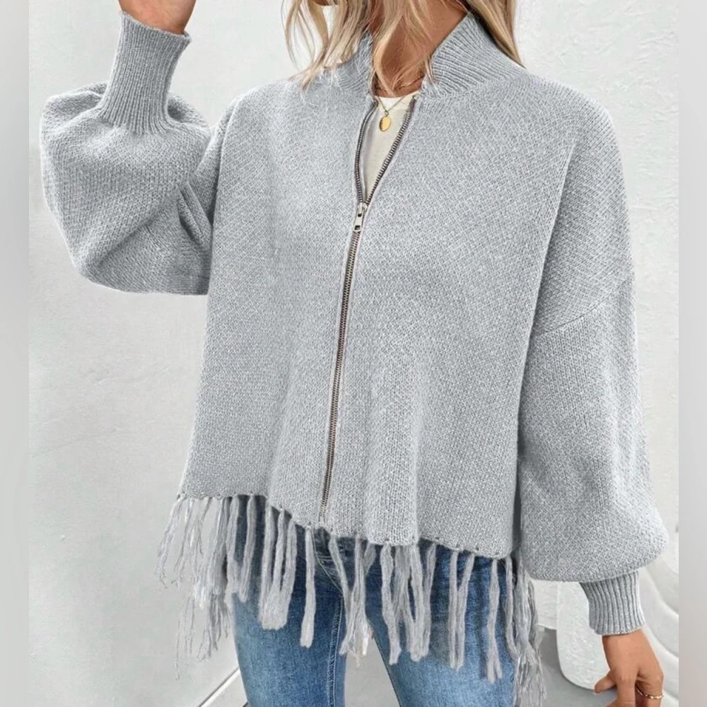 Women's Gray Fringe Sweater
